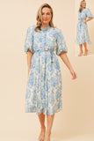 CKM Floral Puff Sleeve Midi Dress w Waist Tie Blue