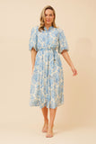 CKM Floral Puff Sleeve Midi Dress w Waist Tie Blue