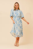 CKM Floral Puff Sleeve Midi Dress w Waist Tie Blue
