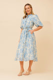 CKM Floral Puff Sleeve Midi Dress w Waist Tie Blue