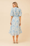 CKM Floral Puff Sleeve Midi Dress w Waist Tie Blue
