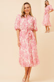 CKM Floral Puff Sleeve Midi Dress w Waist Tie Pink