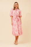 CKM Floral Puff Sleeve Midi Dress w Waist Tie Pink