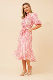 CKM Floral Puff Sleeve Midi Dress w Waist Tie Pink