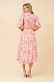 CKM Floral Puff Sleeve Midi Dress w Waist Tie Pink