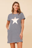 CKM Stripe TShirt Dress w Rosegold Star Print Navy & White