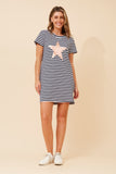 CKM Stripe TShirt Dress w Rosegold Star Print Navy & White