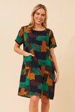 CKM Short Sleeve Abstract Print Dress w Pockets Jade