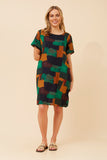 CKM Short Sleeve Abstract Print Dress w Pockets Jade