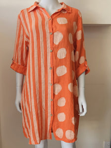 CKM Polka Dot w Stripe Linen Shirt Dress Orange