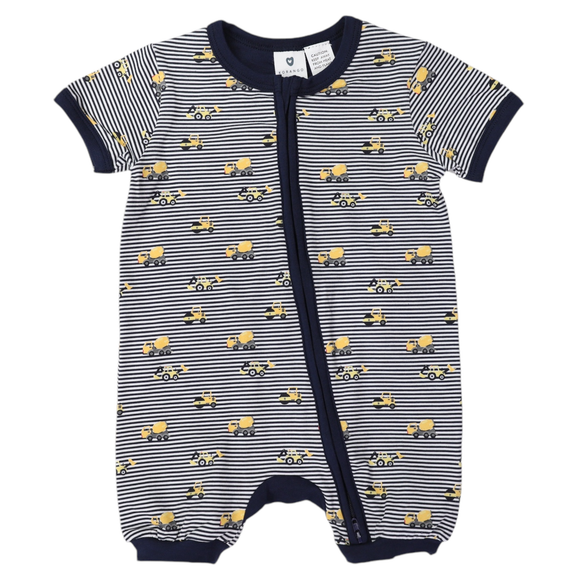 Korango Trucks & Diggers Short Sleeve Zip Romper Navy