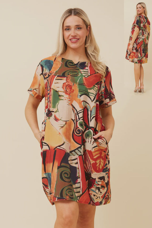 CKM Vine Abstract Shift Dress Multi Orange