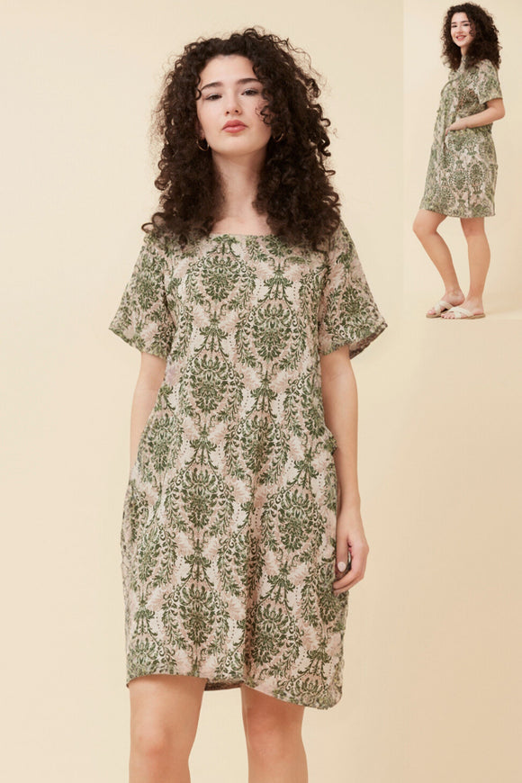 CKM Short Sleeve Damask Print Dress Olive