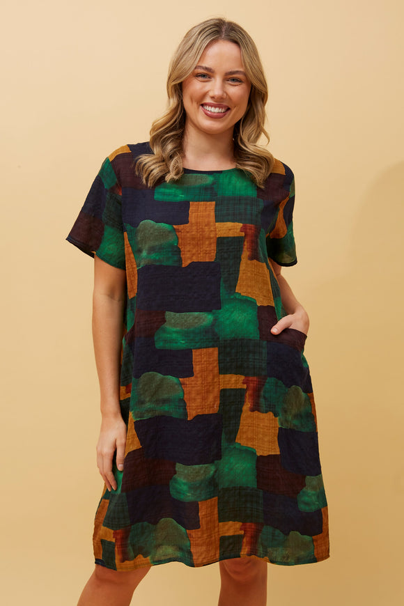 CKM Short Sleeve Abstract Print Dress w Pockets Jade