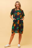 CKM Short Sleeve Abstract Print Dress w Pockets Jade