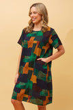 CKM Short Sleeve Abstract Print Dress w Pockets Jade