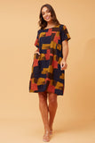 CKM Short Sleeve Abstract Print Dress w Pockets Navy