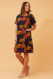 CKM Short Sleeve Abstract Print Dress w Pockets Navy