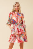 CKM Geometric Print Dress w Balloon Sleeves Pink