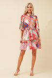 CKM Geometric Print Dress w Balloon Sleeves Pink