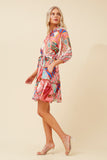 CKM Geometric Print Dress w Balloon Sleeves Pink