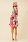 CKM Geometric Print Dress w Balloon Sleeves Pink
