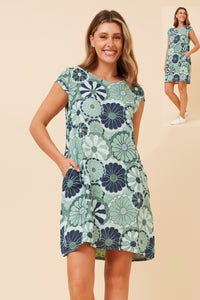 CKM Bottega Moda Floral Print Linen Dress Green Ash