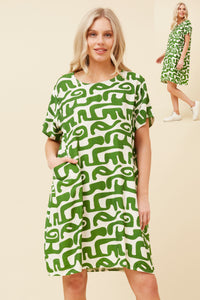 CKM Short Sleeve Printed Dress w Pockets Jade
