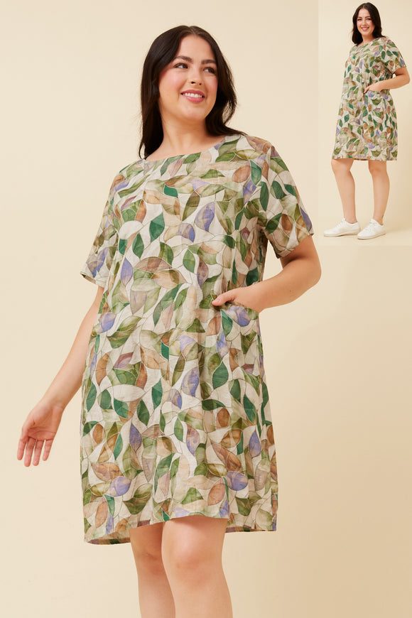 CKM Vine Leaf Print Shift Dress Khaki