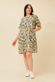 CKM Vine Leaf Print Shift Dress Khaki