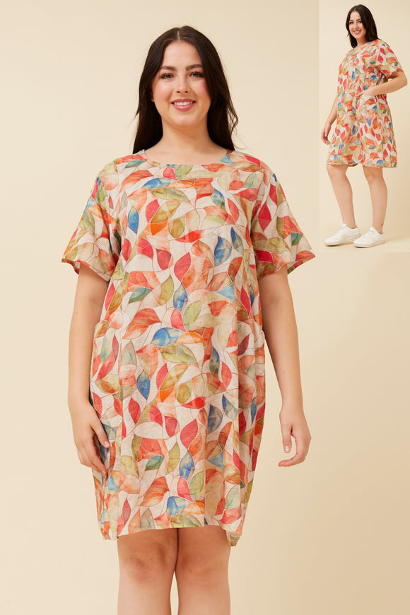 CKM Vine Leaf Print Shift Dress Orange
