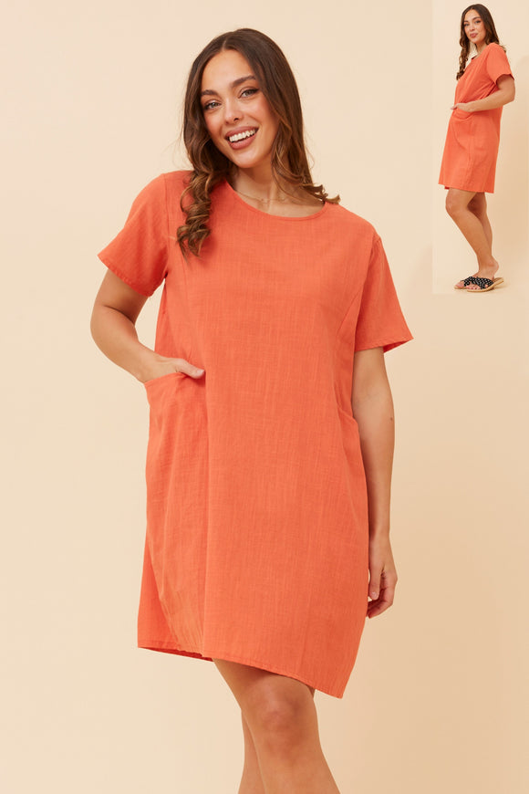 CKM Solid Shift Dress w Pockets Orange