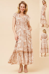 CKM Cap Sleeve Maxi Dress w Lace Trim Beige