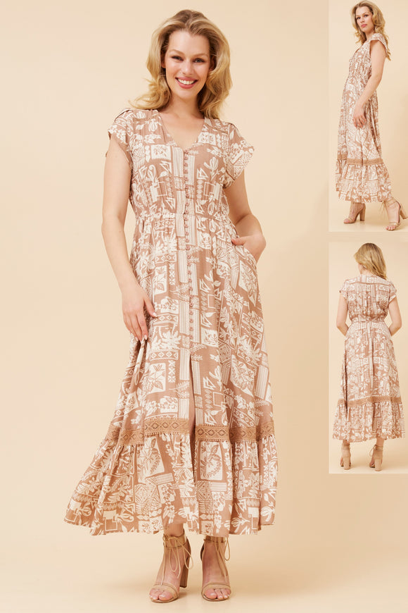 CKM Cap Sleeve Maxi Dress w Lace Trim Beige