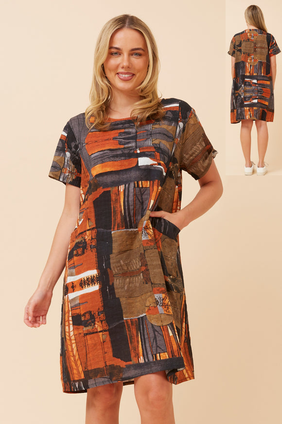 CKM Short Sleeve Abstract Printed Dress w Pockets Burnt Sienna