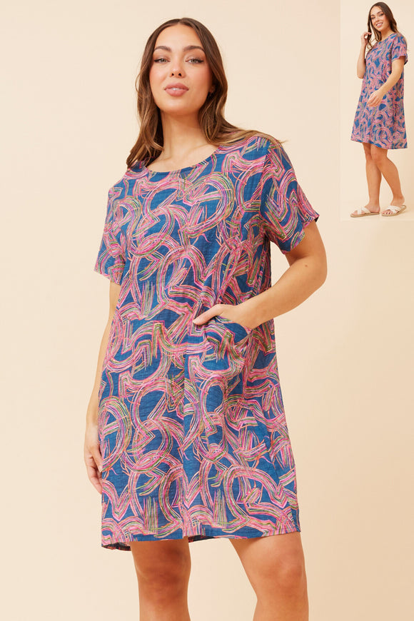 CKM Short Sleeve Abstract Print Dress w Pockets Blue