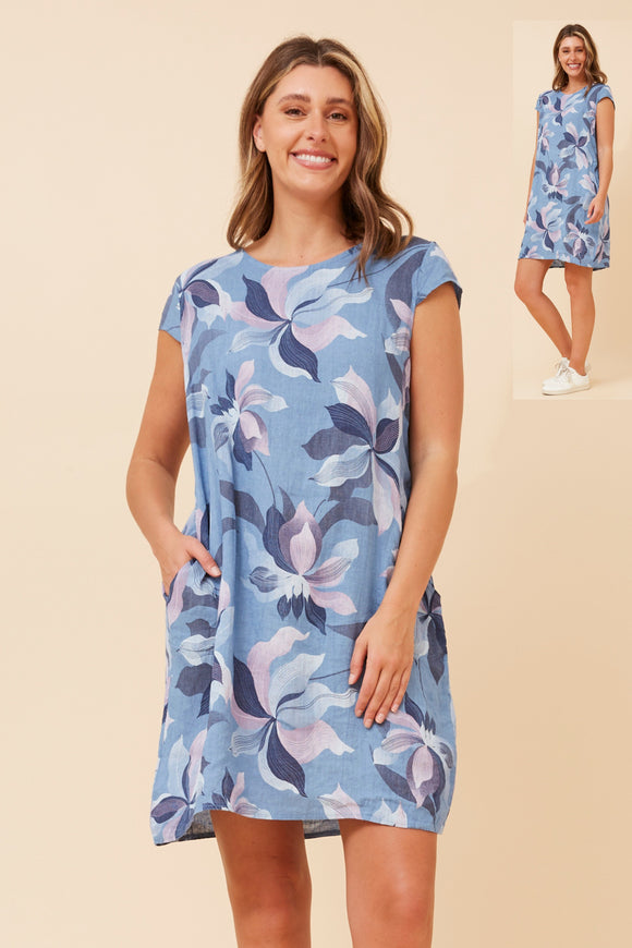 Bottega Moda Floral Print Linen Dress Denim