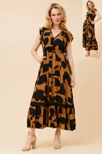 CKM Short Sleeve Abstract Print Maxi Dress Toffee