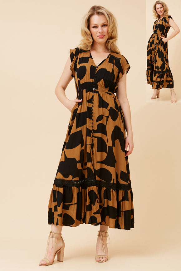 CKM Short Sleeve Abstract Print Maxi Dress Toffee