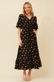 CKM Frill Sleeve Polka Dot Print Midi Dress Black & Mocha