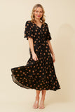 CKM Frill Sleeve Polka Dot Print Midi Dress Black & Mocha