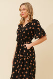 CKM Frill Sleeve Polka Dot Print Midi Dress Black & Mocha