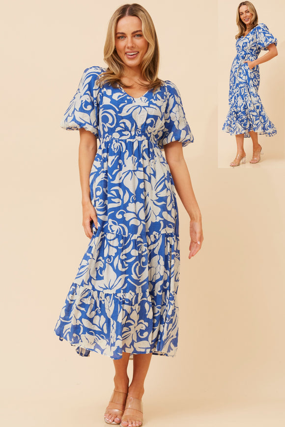 CKM Puff Sleeve Floral Midi Dress Blue