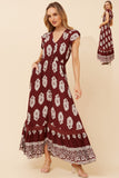 CKM Border Print Maxi Dress Burgundy