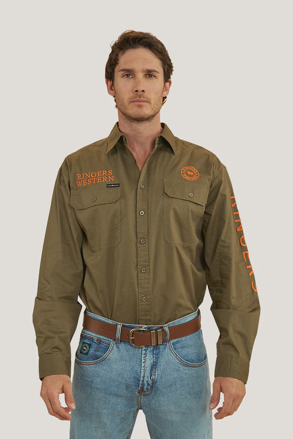 Ringers Western Hawkeye Mens Full Button Work Shirt Military Green & Orange