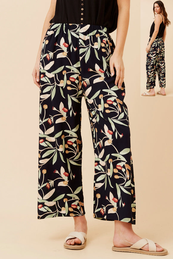 CKM Crop Leaf Print Wide Leg Pants Multi Navy