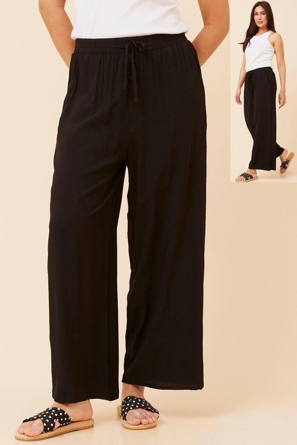 CKM Long Wide Leg Pants w Waist Tie Black