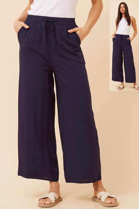 CKM Long Wide Leg Pants w Waist Tie Navy