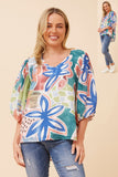 CKM Balloon Sleeve Printed Top Multi Green