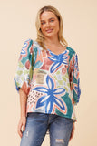 CKM Balloon Sleeve Printed Top Multi Green